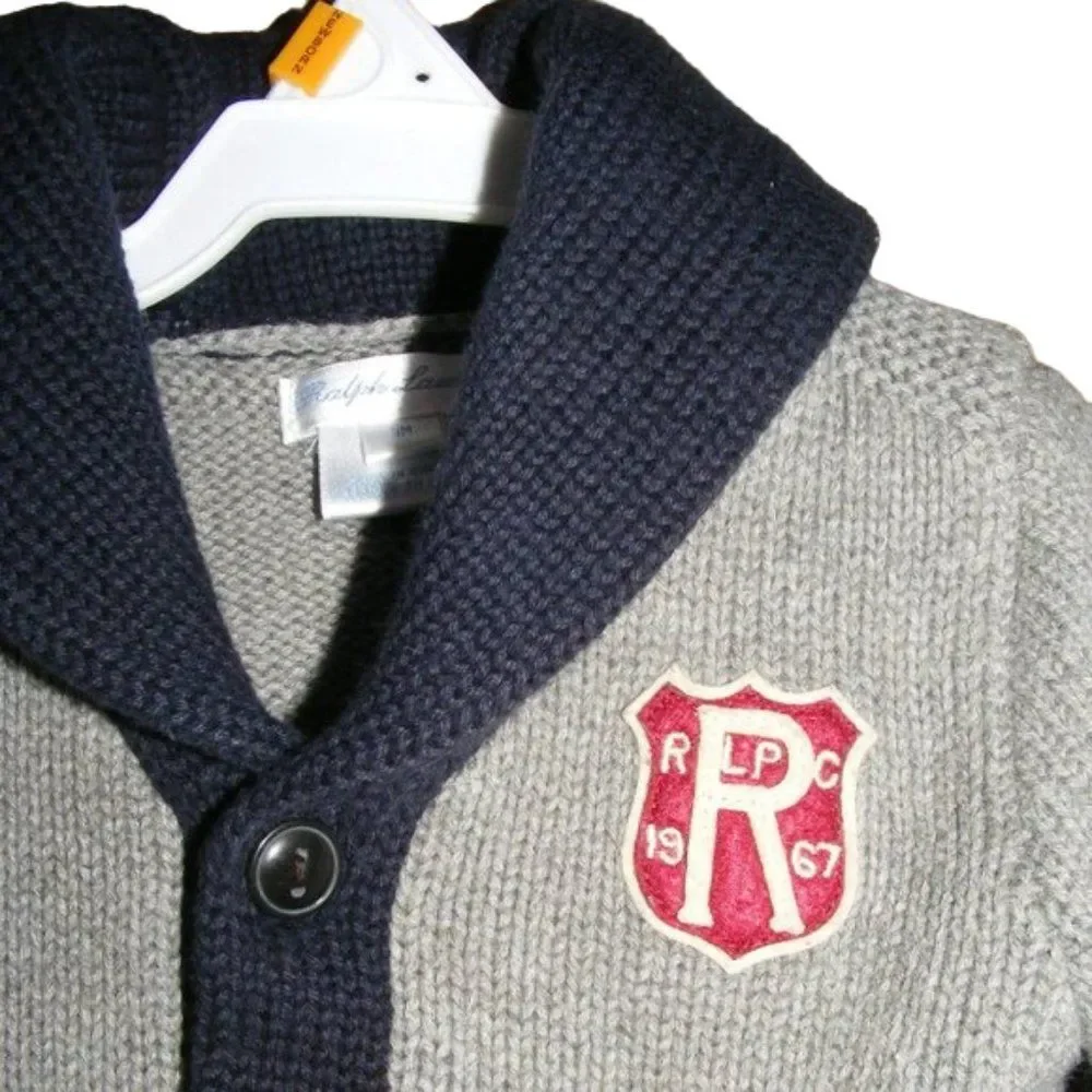 RALPH LAUREN Cardigan, 6m, Crested, Shawl collar, Grey/Black Cotton, Long sleeve